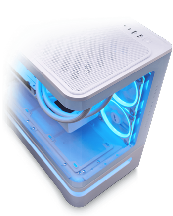Angled shot of case from above showing glass curve and blue themed system inside