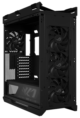 Front angle of case, revealing four pre-installed fans