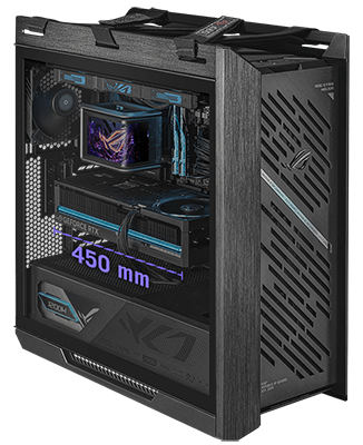 Side of case, hightlighting horizontal installation of graphics card
