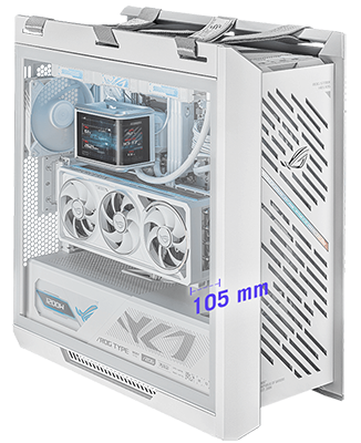 Side of case, hightlighting vertical installation of graphics card