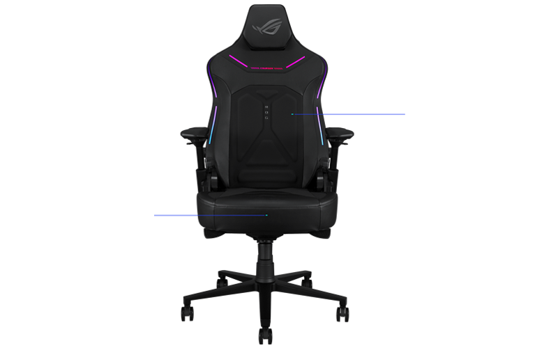 Front angle of ROG Courser chair with purple lines coming from the backrest and seat.