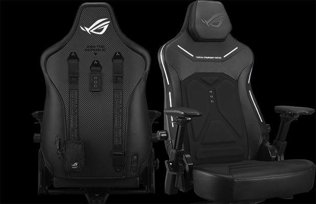 Front and rear angle of ROG Courser RGB Chairs.