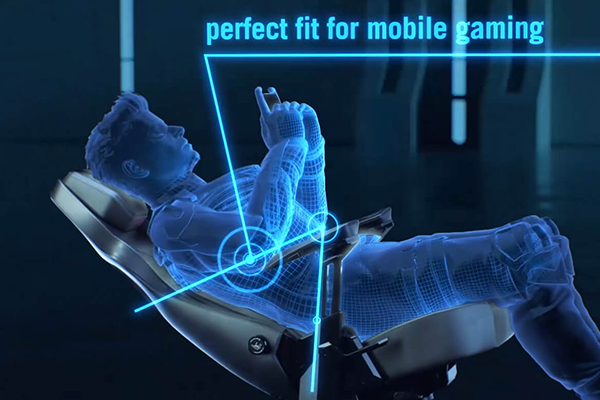 Rendering of human reclined on ROG Courser chair, mobile gaming with elbows positioned comfortably on the armrest.