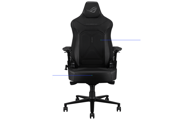Front angle of ROG Courser chair with purple lines coming from the backrest and seat.