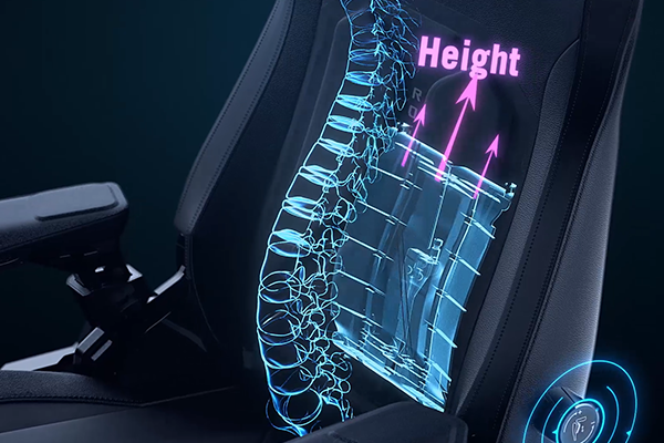 Rendering of spine outline comfortably positioned infront of the lumbar on the ROG Courser chair. 