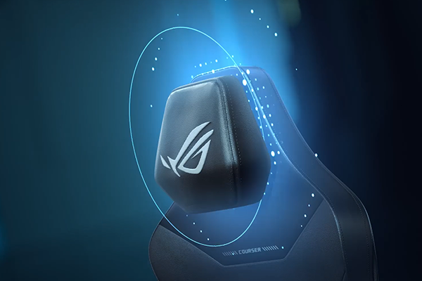 ROG Courser chair's magnetic headrest with blue glowing aura surrounding it.