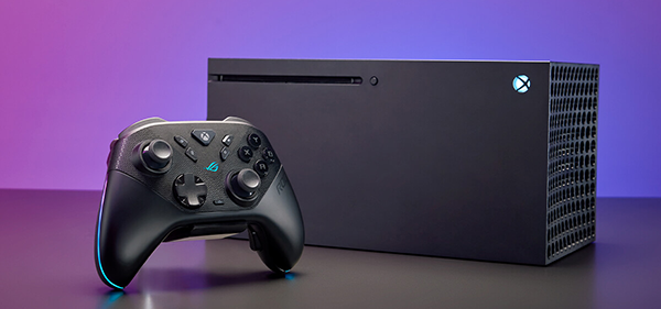 Lifestyle shot of ROG Raikiri II Xbox Wireless Controller beside Xbox console.