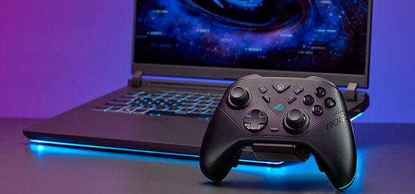 Lifestyle shot of ROG Raikiri II Xbox Wireless Controller infront of laptop.