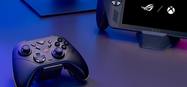 Lifestyle shot of ROG Raikiri II Xbox Wireless Controller near ROG handheld console.
