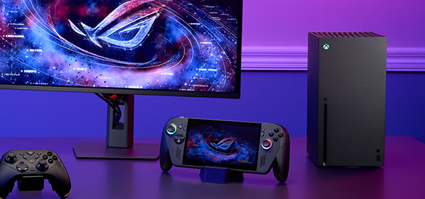 Lifestyle shot of ROG Raikiri II Xbox Wireless Controller near ROG hendheld, Xbox console and ROG gaming monitor.