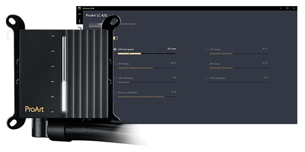 ProArt LC 240 AIO CPU cooler with Armoury Crate user interface in the background.