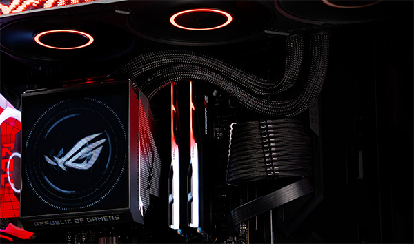 Close up ROG Strix SLC IV CPU Cooler installed onto ASUS motherboard.