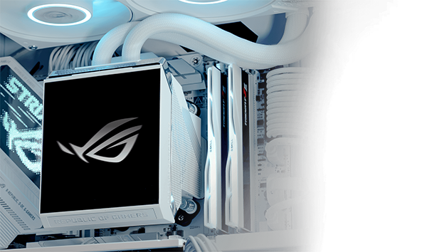 Close up ROG Strix SLC IV CPU Cooler installed onto ASUS motherboard.