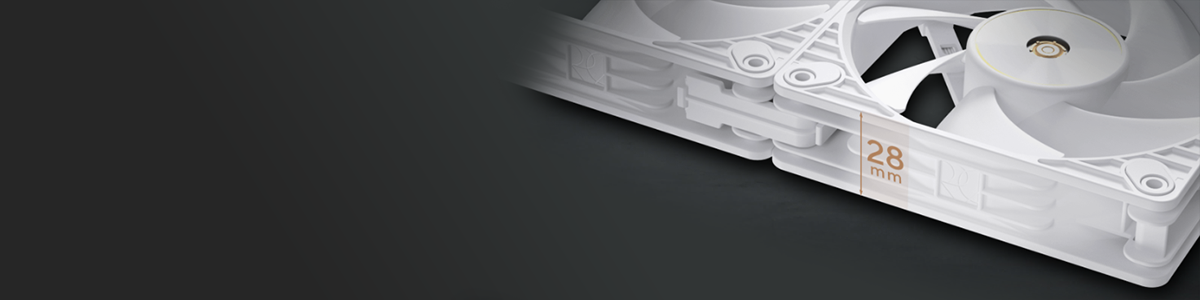 Corner angle of PF120 fans highlighting 28mm height.