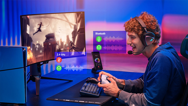 Gamer playing whilst using ASUS ROG Delta II with graphic overlays showing waveforms from multiple audio sources