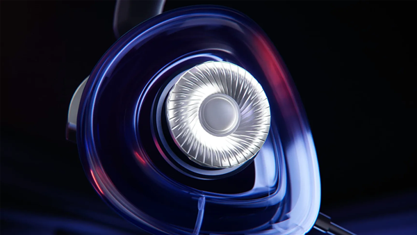 Transparent ASUS ROG Delta II ear cup showing 50mm Titanium driver