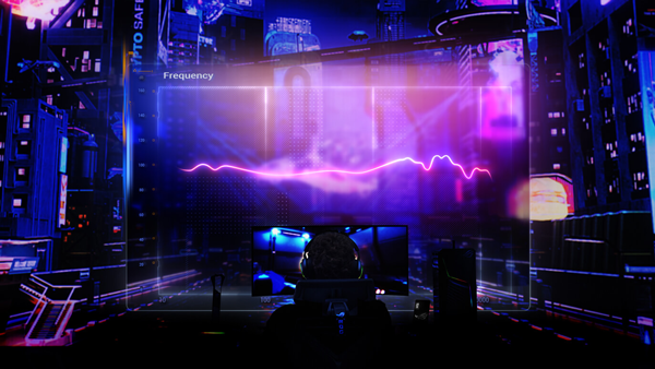 Gamer sits at desk with graphic projection of audio frequency of the ASUS ROG Delta II on a graph