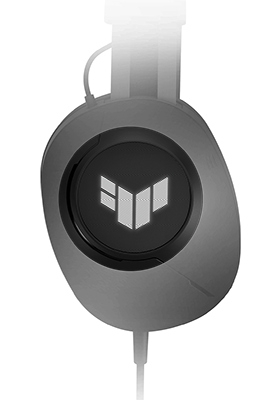 Close up image of the TUF headset earcup showcasing the TUF logo with built in lighting