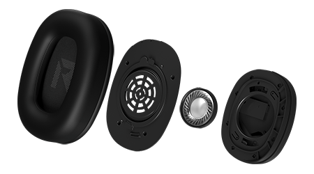 Splash image of headset earcup in 4 sections to showcase the internal components