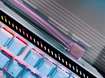 L-shape USB-C cable connecting to ROG Falchion keyboard.