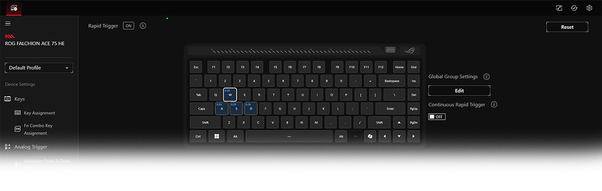 ASUS Gear Link software showing Rapid Trigger settings.