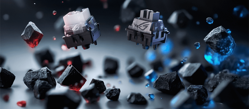 ROG mechanical switches floating above tumbling geodes.