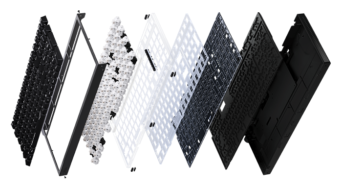 Exploded view of ROG Strix Morph 96 keyboard internal and external components.