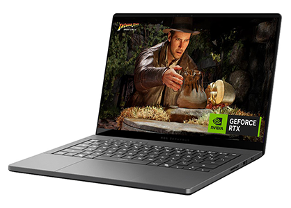 ROG Zephyrus laptop with Indiana Jones game on-screen with a GEFORCE RTX icon overlay.