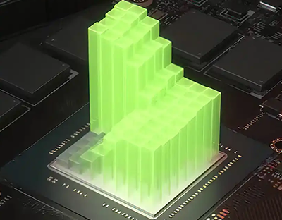 Rendering of chip with green translucent blocks stacked over it.