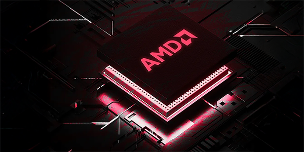 The AMD CPU lying on top of a stylised purple motherboard, with electrical current flowing to the processor