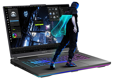 The front side of the G16 is shown, with a rendering of the character PKD standing on the keyboard, and the UI of 3D rendering software on screen.