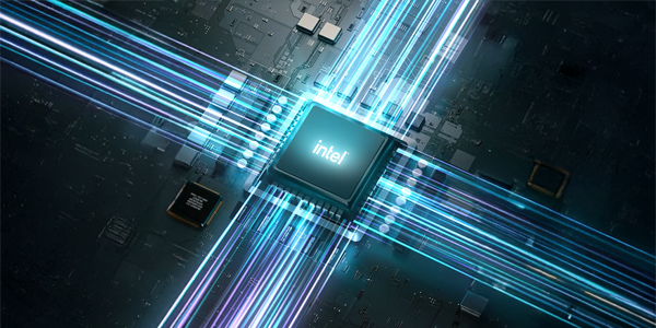 Rendering of a glowing Intel CPU with blue light beaming out from each edges.