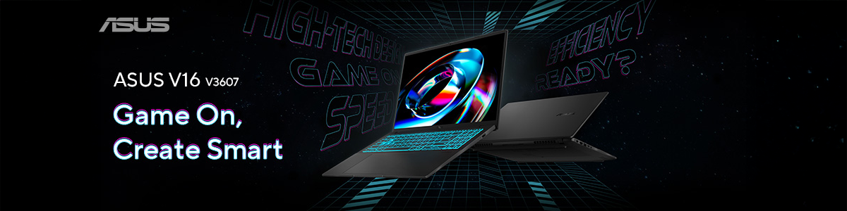 Key visual of a front open angle ASUS V16 laptop infront of a rear angled V16 laptop.