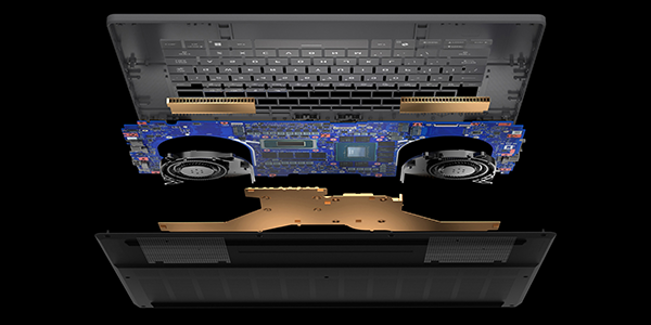 Illustration of the under side of the Zephyrus laptop, revealing cooling components.