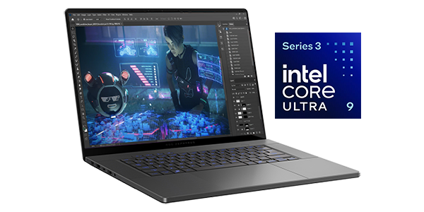 Intel Core Ultra 9 Series 3 Logo next to laptop with Photoshop on-screen.