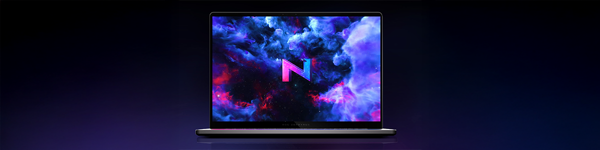 Zephyrus laptop with dark purple and blue cloud on-screen.