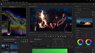 People sat round a campfire on colour grading software.