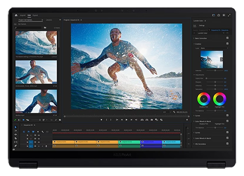PX13 laptop displaying surfer on video editing software.