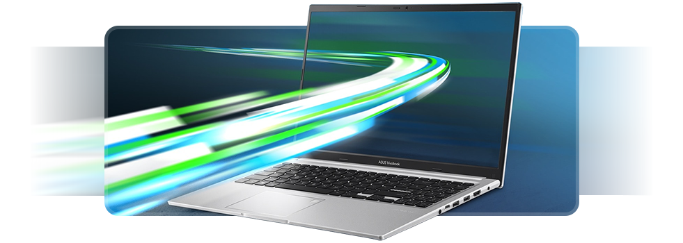 Laptop with illustrated light-trail bending out of the screen