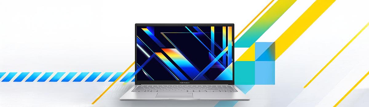Front facing Vivobook 15 Laptop with glossy dark blue prismatic wallpaper on-screen to showcase it's clear display
