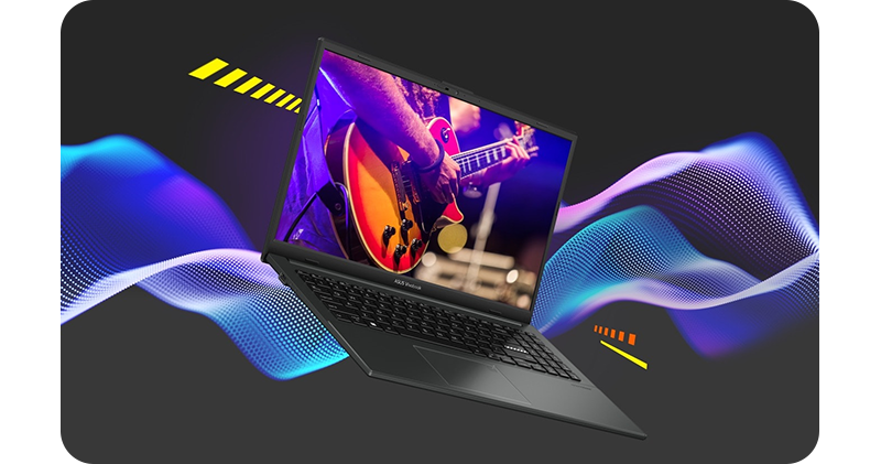 Image of the laptop with sound waves behind it and a man playing a guitar on the screen