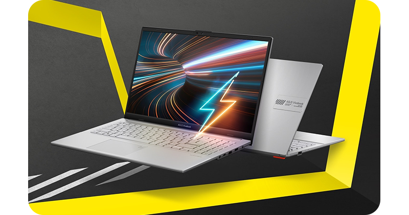 Image of the laptops front and back with a lightning bolt graphic on screen