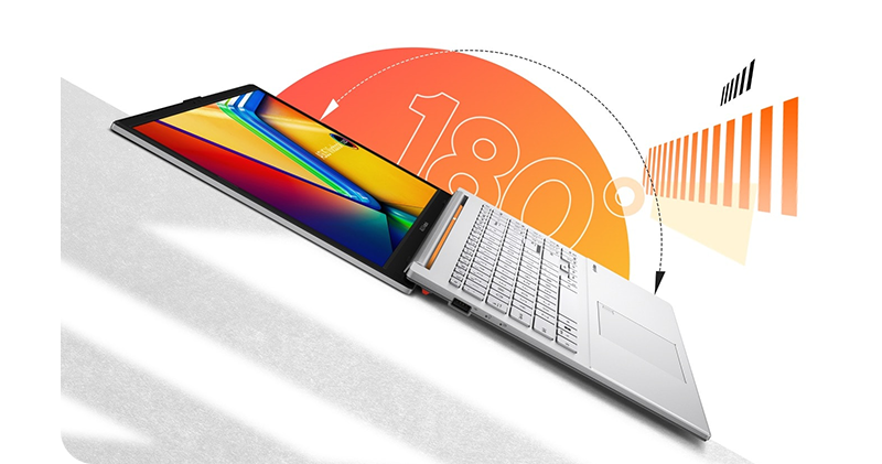 Image of the laptop opened 180 degrees laying flat
