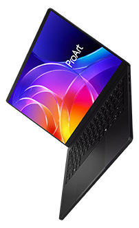 Laptop open at a 45 degree angle, showcasing the ProArt emblem on the lid. 