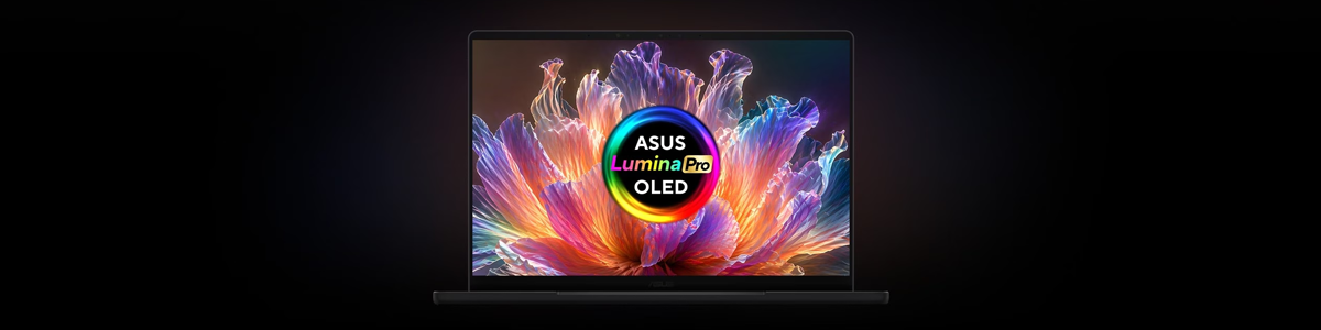 Front angle of P14 laptop with ASUS Lumina Pro OLED graphics on screen.