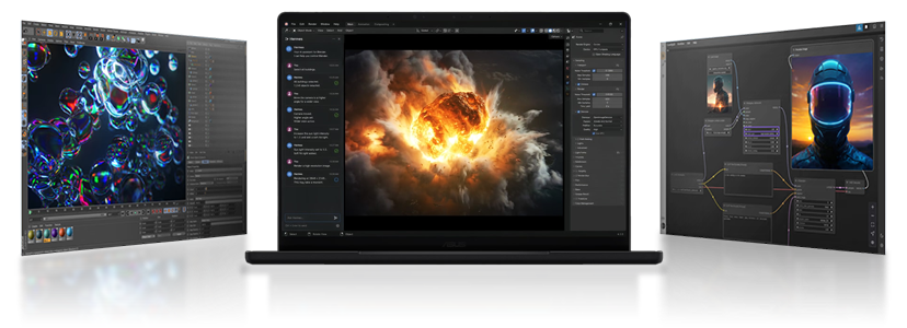 ProArt laptop with video editing software on screen.