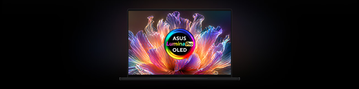 Front angle of P16 laptop with ASUS Lumina Pro OLED graphics on screen.