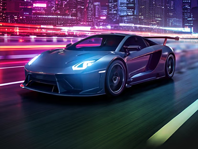 Futuristic sports car racing through a road at night.