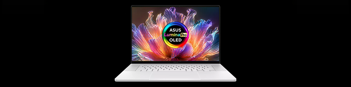 Front angle of P16 laptop with ASUS Lumina Pro OLED graphics on screen.