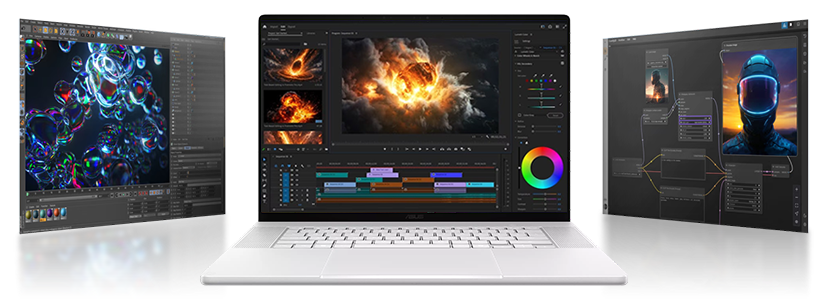 ProArt laptop with video editing software on screen.